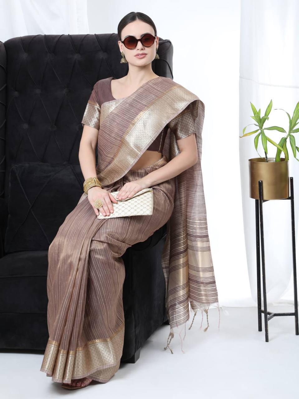 Brown Tissue Linnen Silk Saree With Fancy Zari Weaving Border