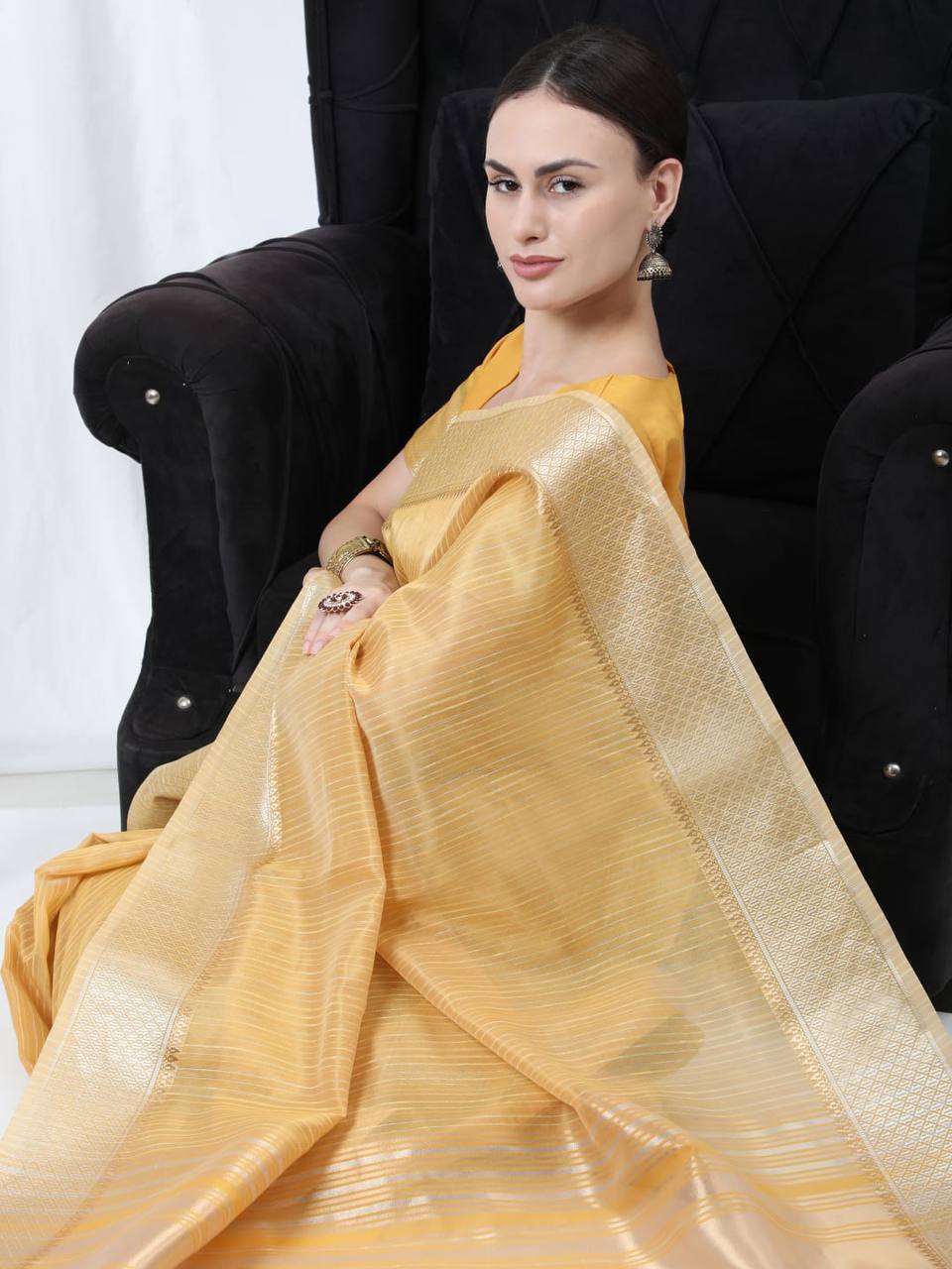 Yellow Tissue Linnen Silk Saree With Fancy Zari Weaving Border