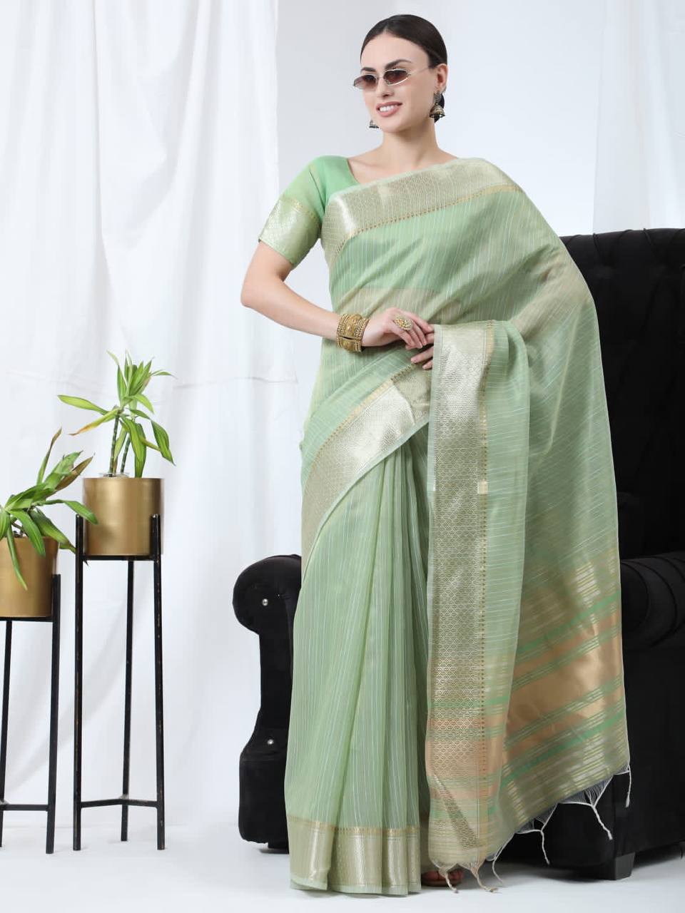 See Green Tissue Linnen Silk Saree With Fancy Zari Weaving Border