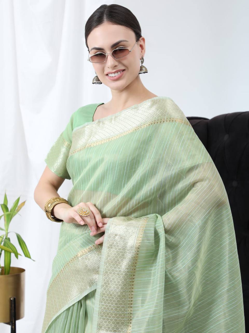 See Green Tissue Linnen Silk Saree With Fancy Zari Weaving Border