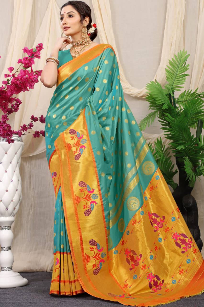 Sky Blue  Paithani Pure Silk Handloom Saree With Pure Jari