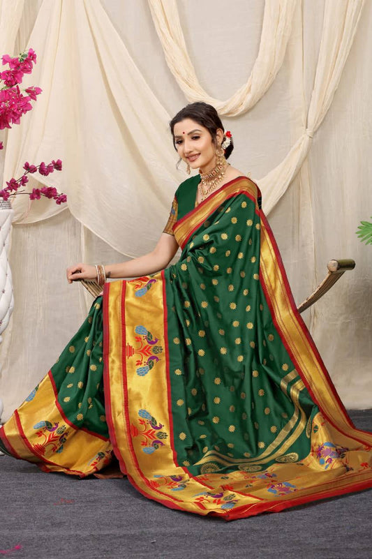 Green  Paithani Pure Silk Handloom Saree With Pure Jari