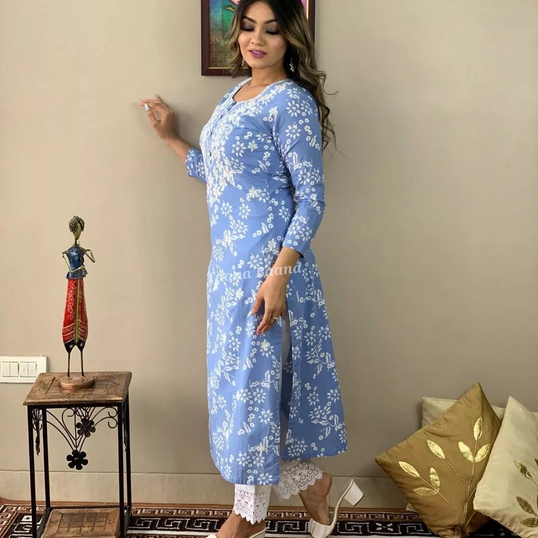 Sky Blue Beautiful Heavy Rayon Printed Kurti