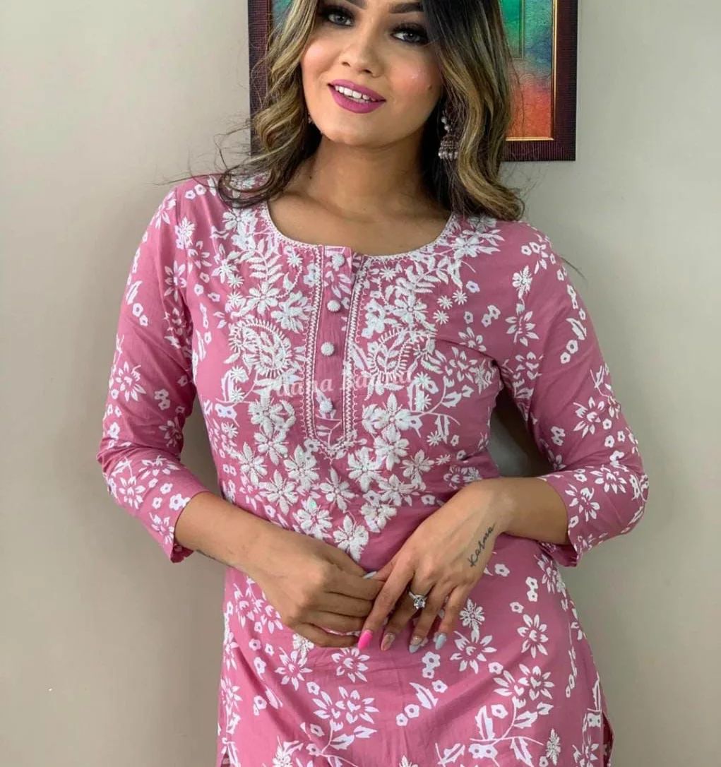 Pink Beautiful Heavy Rayon Printed Kurti