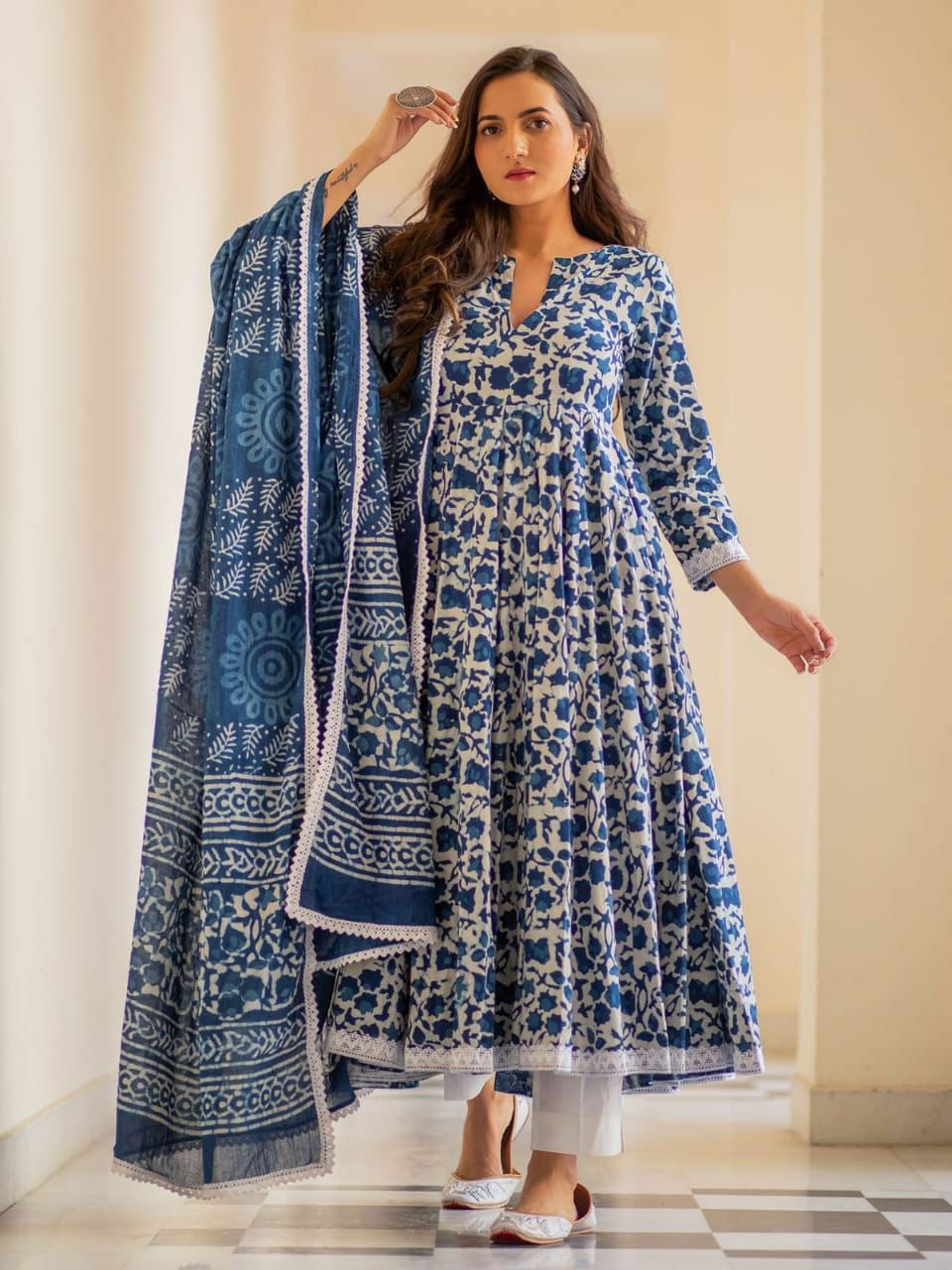 Blue Dabu Print Gown Kurta Set