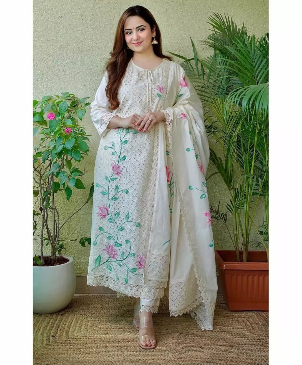 White Straight Chicken Chifli Work Hand-Printed Cotton Kurta Set