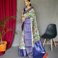 White-Blue Pure Kanchipuram Digital Printed Saree