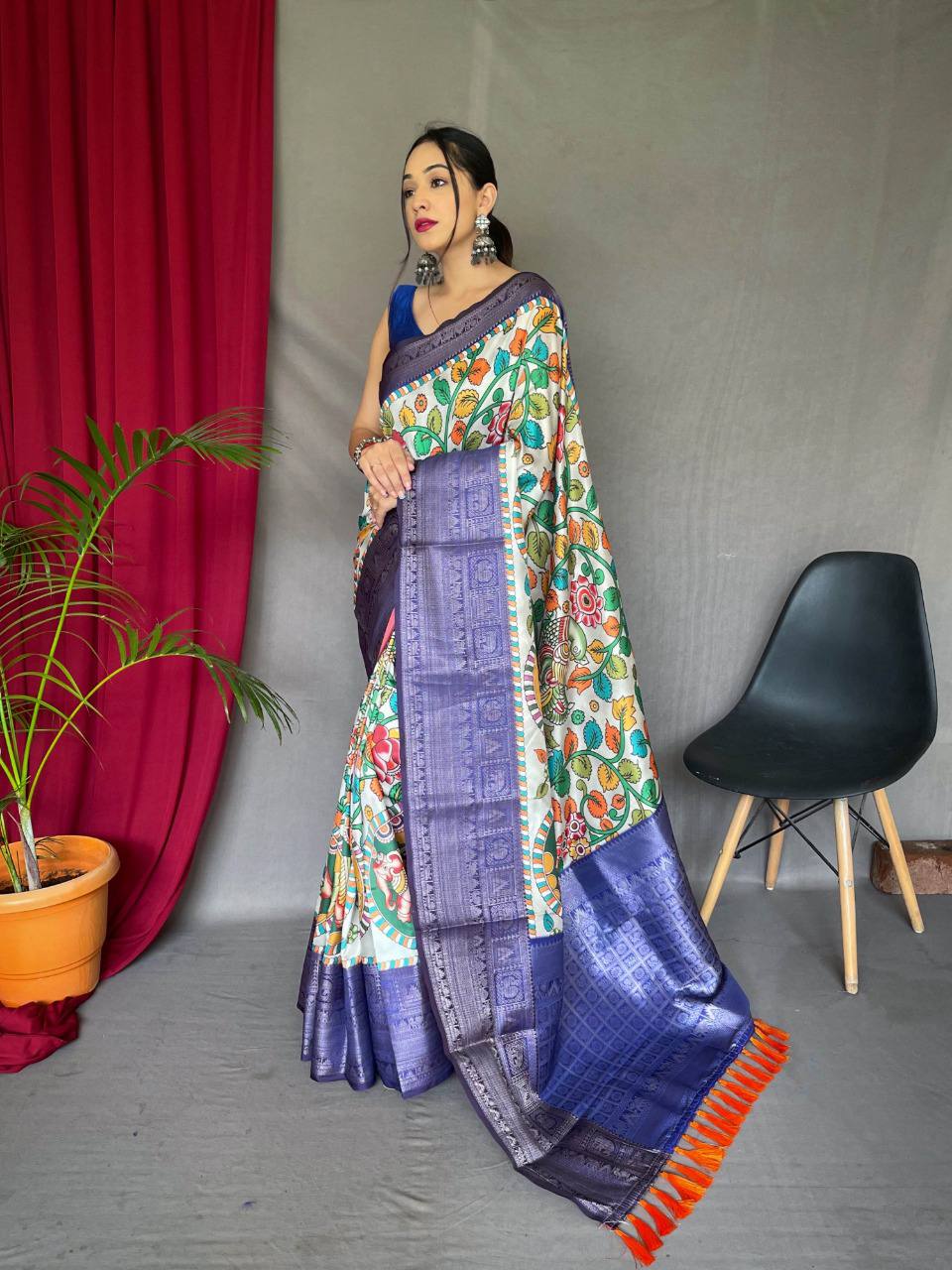 White-Blue Pure Kanchipuram Digital Printed Saree