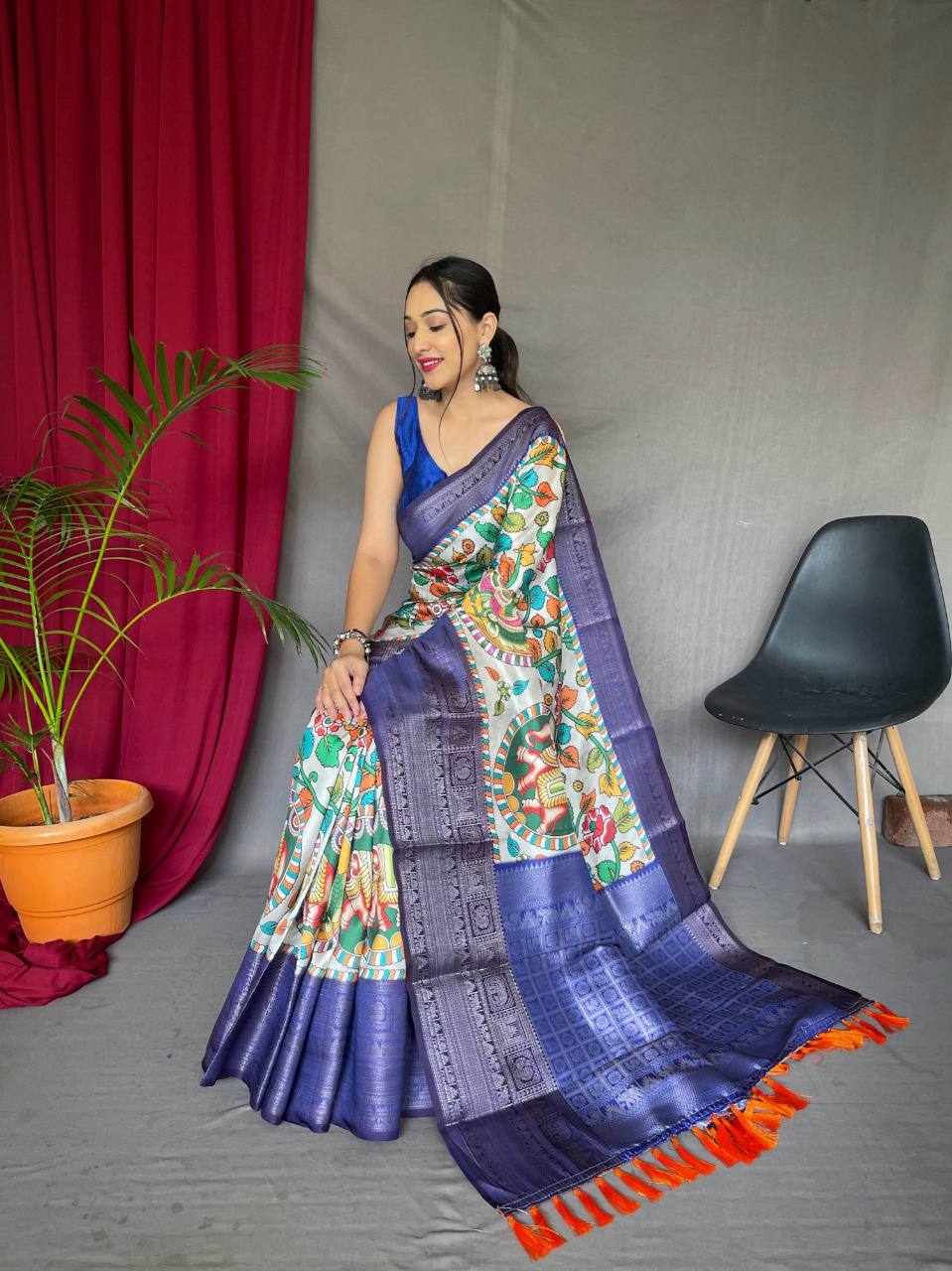 White-Blue Pure Kanchipuram Digital Printed Saree