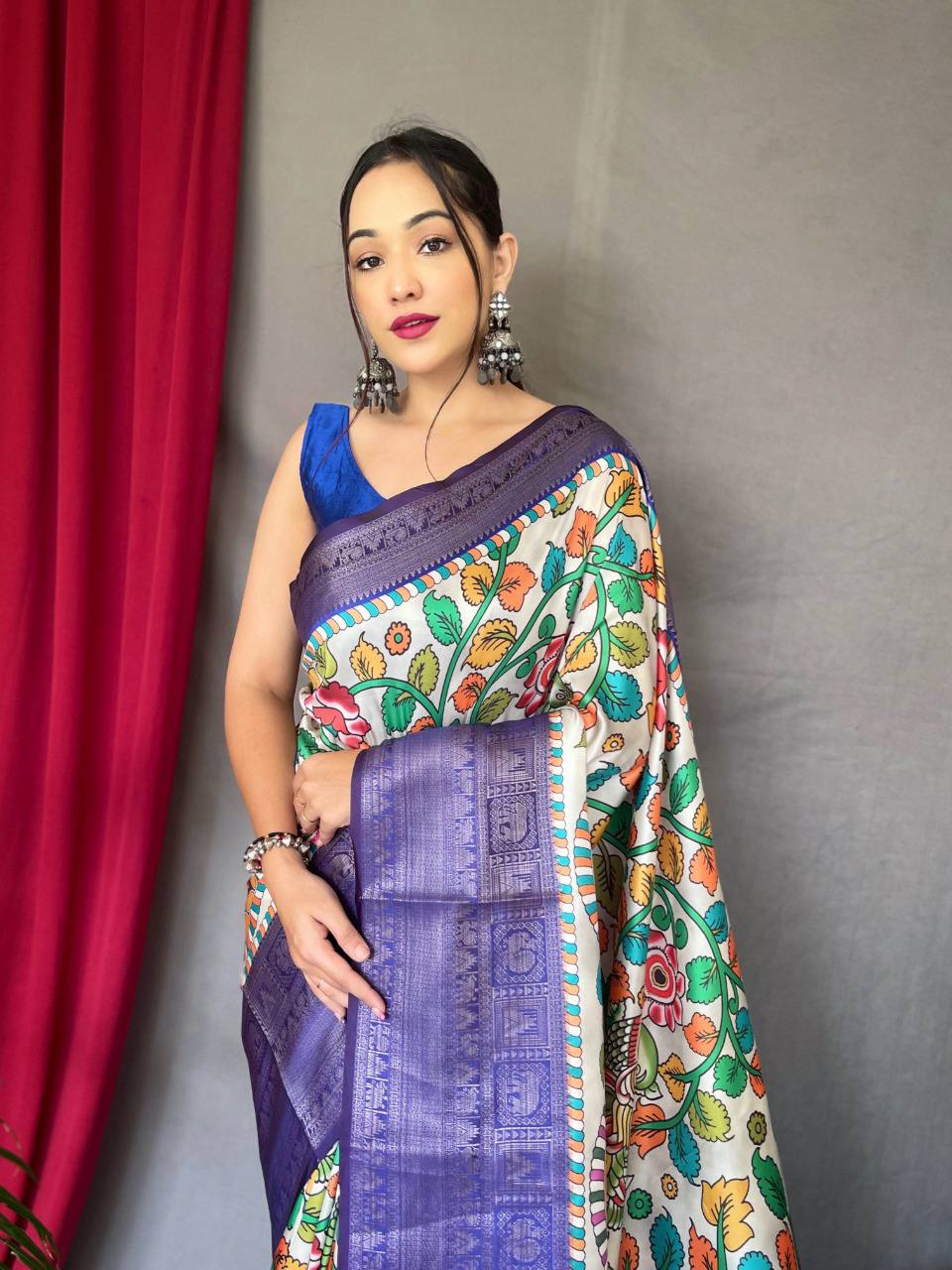 White-Blue Pure Kanchipuram Digital Printed Saree