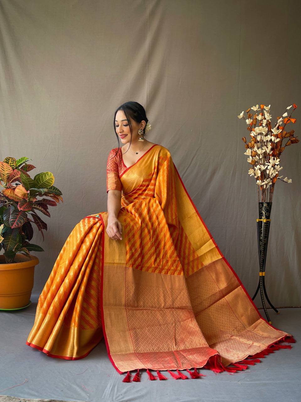 Yellow Banarasi Beautiful Patola Sarees With Leheriya Gold Zari Weaves