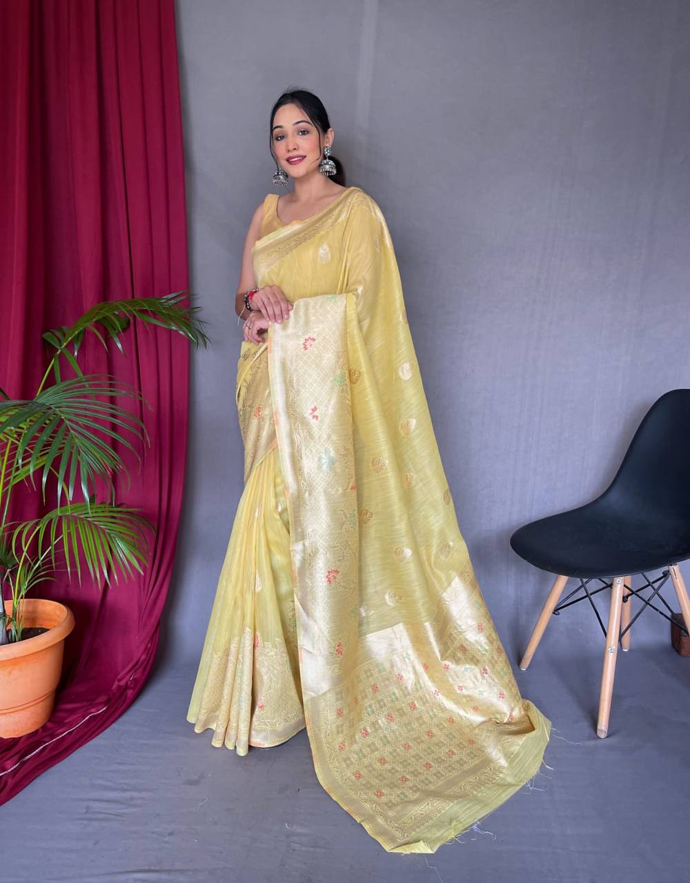 Yellow Pure Linen Slub Silk Saree With Zari Weaving