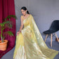 Yellow Pure Linen Slub Silk Saree With Zari Weaving
