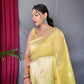 Yellow Pure Linen Slub Silk Saree With Zari Weaving
