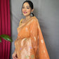 Orange Pure Linen Slub Silk Saree With Zari Weaving