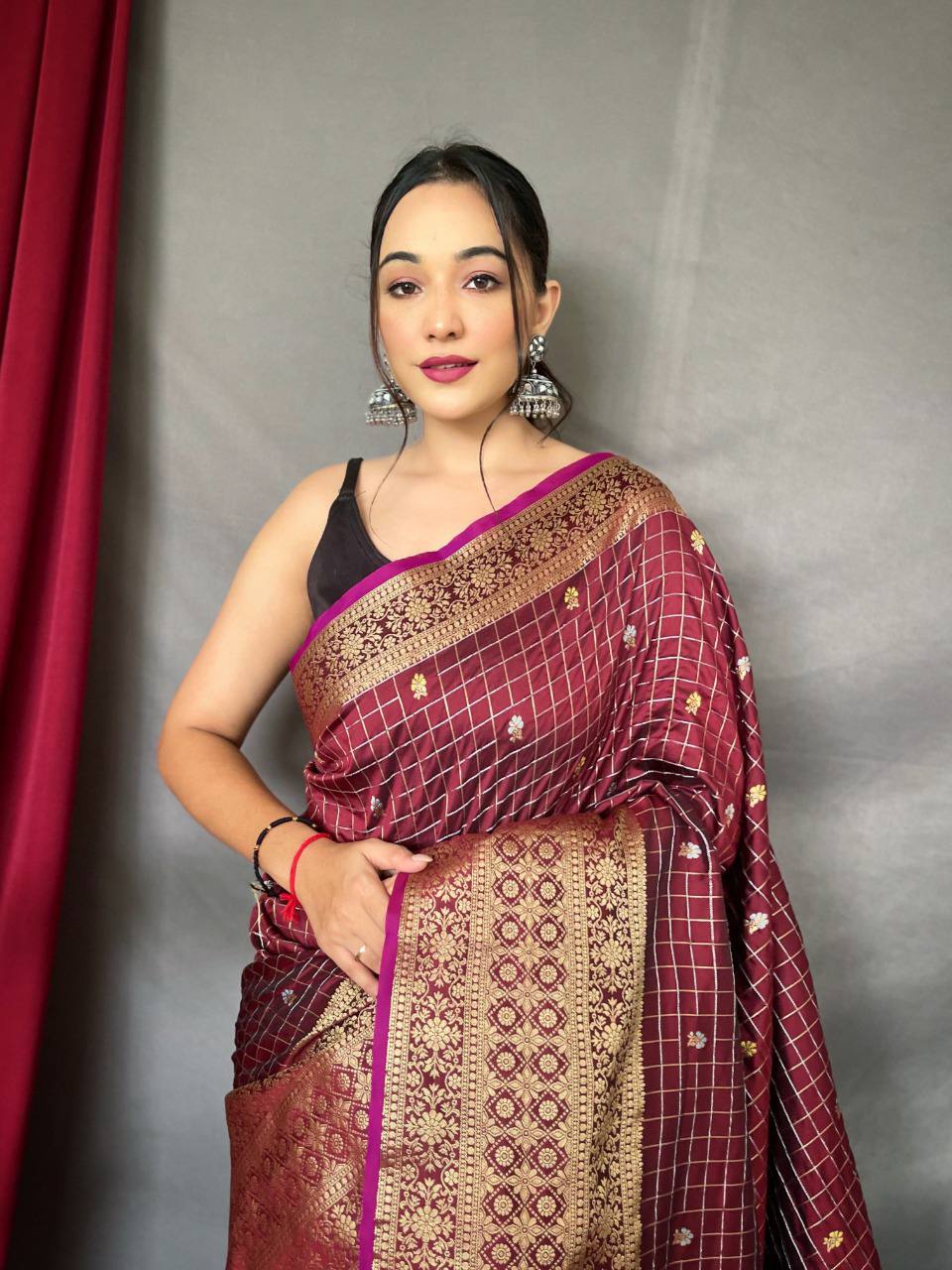 Wine Heavy Gold Big Jacquard Weaving Border  Handloom Saree