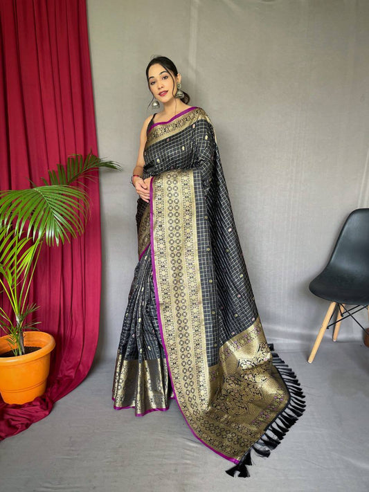 Black Heavy Gold Big Jacquard Weaving Border  Handloom Saree