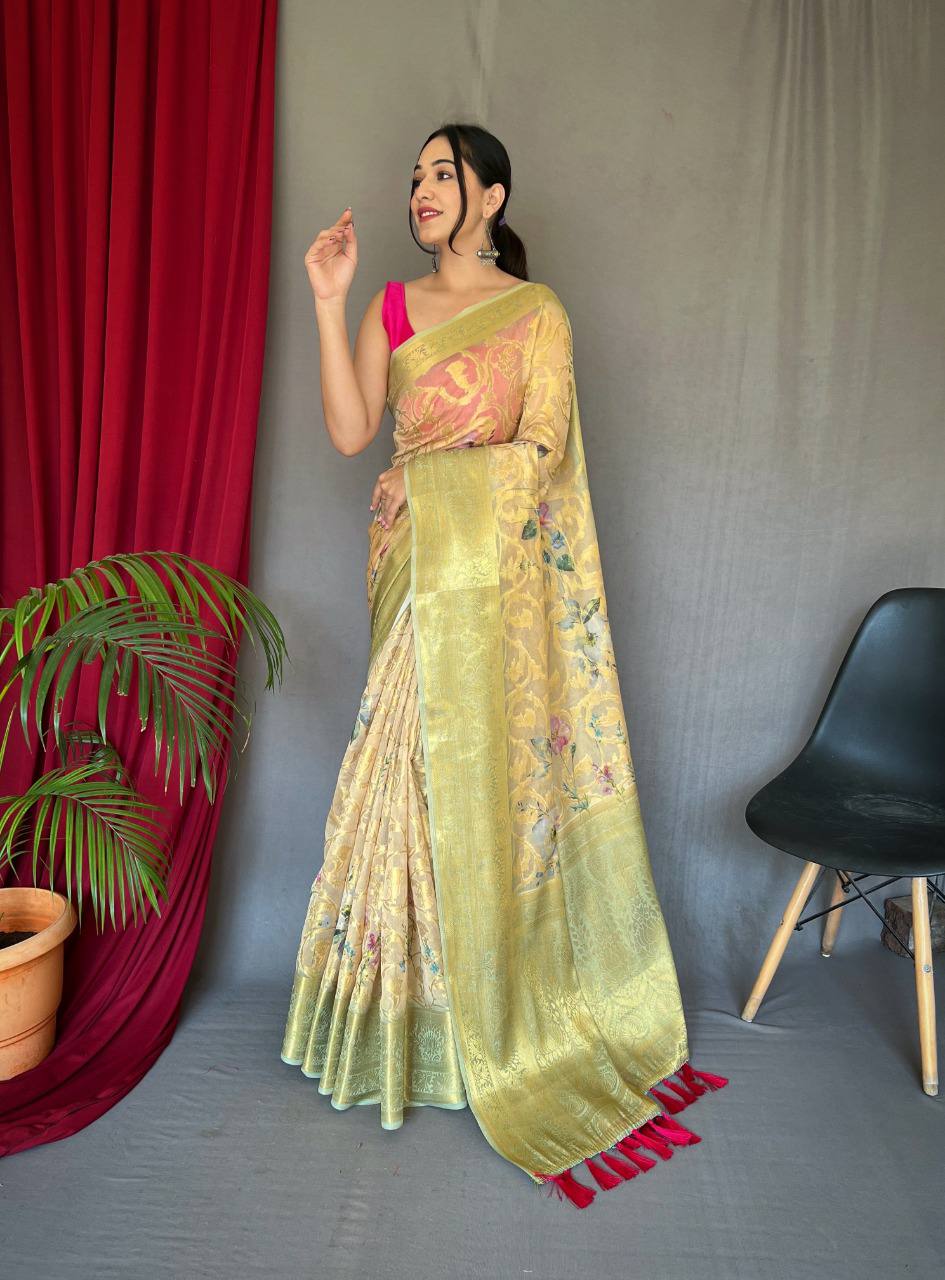 Yellow Organza Zari Sweaving Saree With Gold Zari Weaved Border