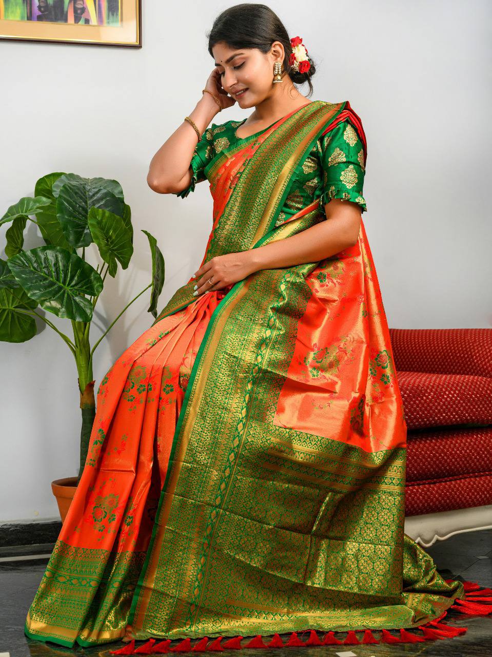 Orange Pure Heavy Golden Contrast Kanjeevaram Silk Saree