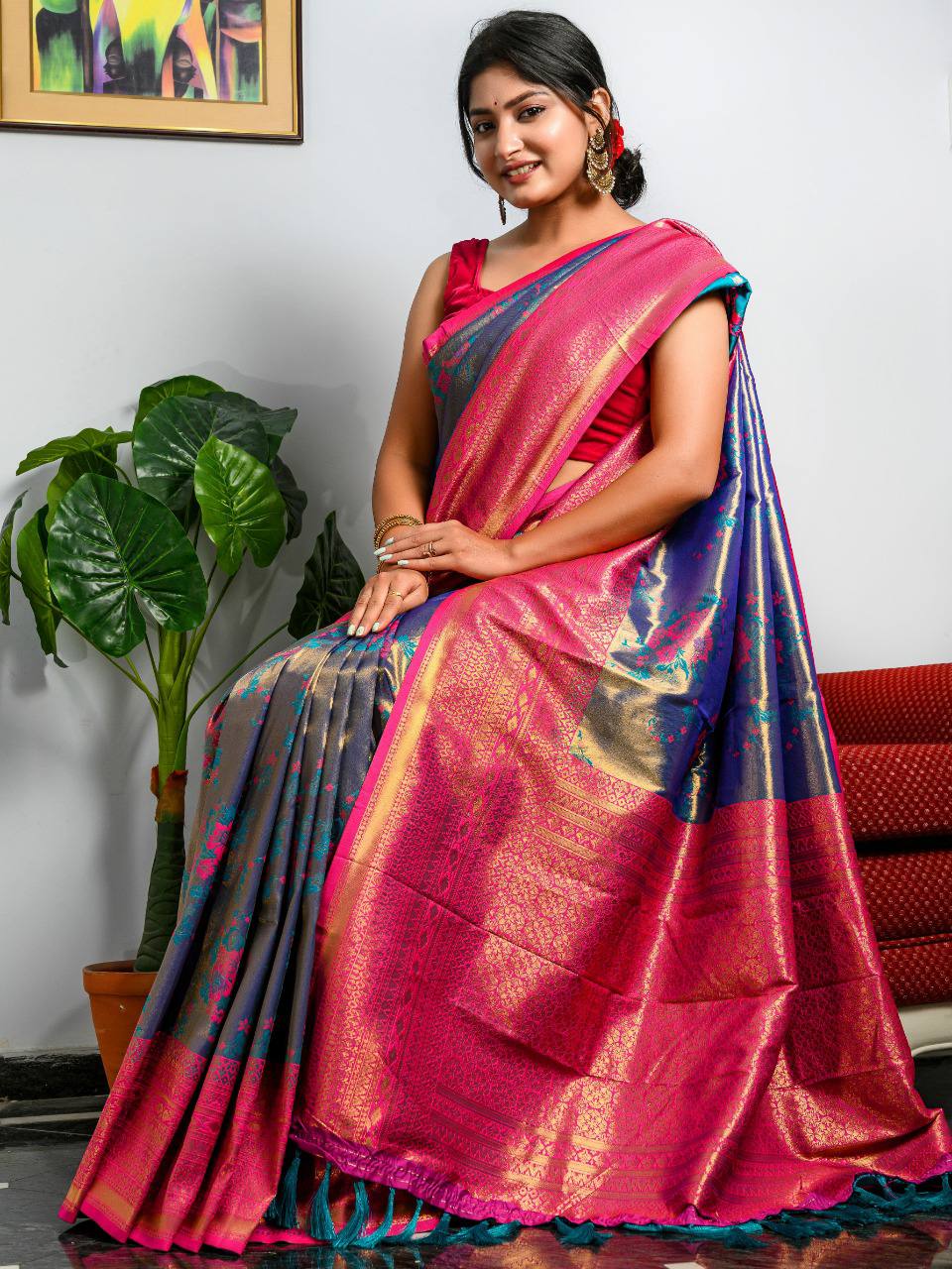 Blue Pure Heavy Golden Contrast Kanjeevaram Silk Saree