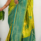 Parrot Pure Heavy Golden Contrast Kanjeevaram Silk Saree