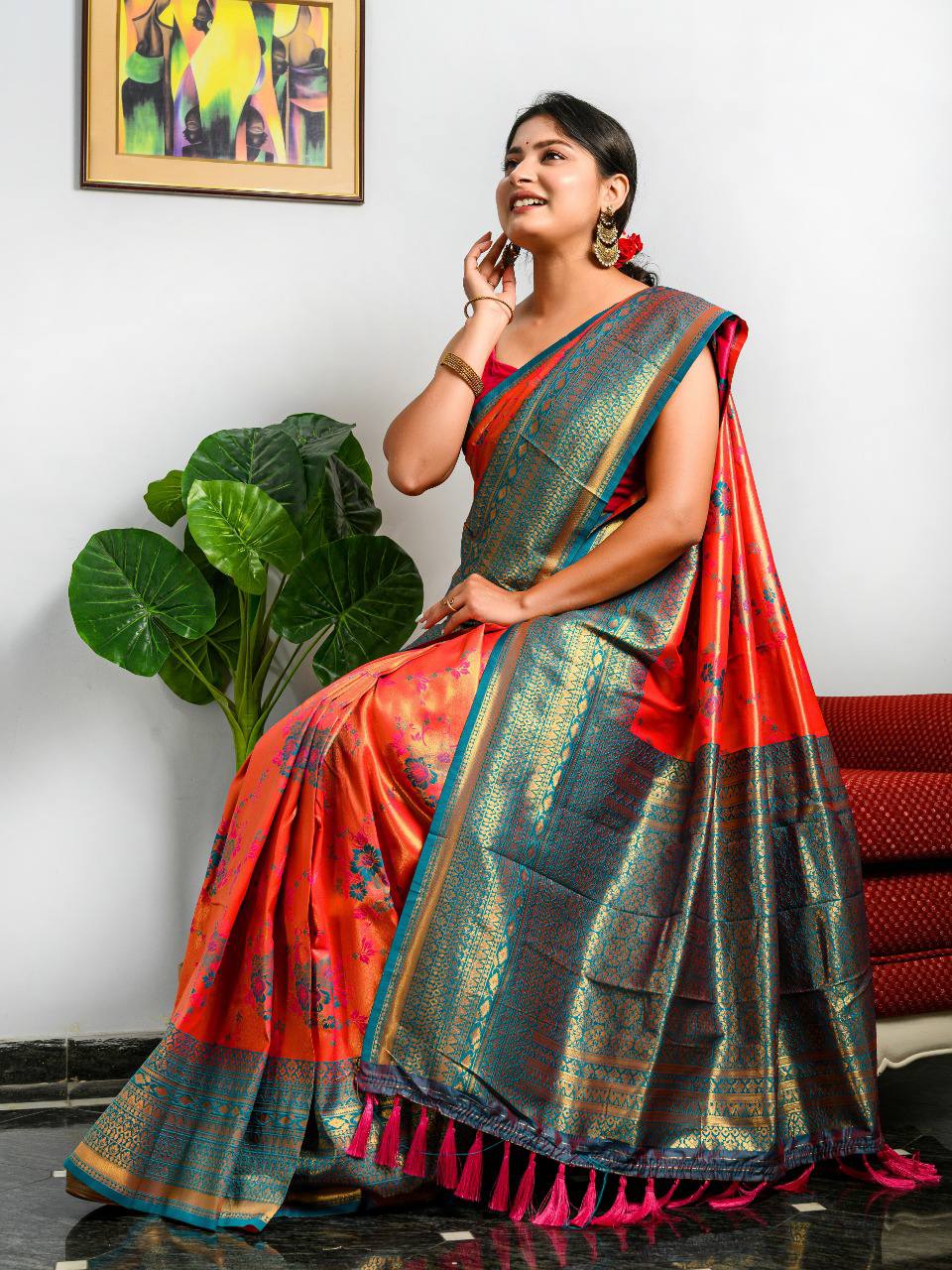 Red Pure Heavy Golden Contrast Kanjeevaram Silk Saree