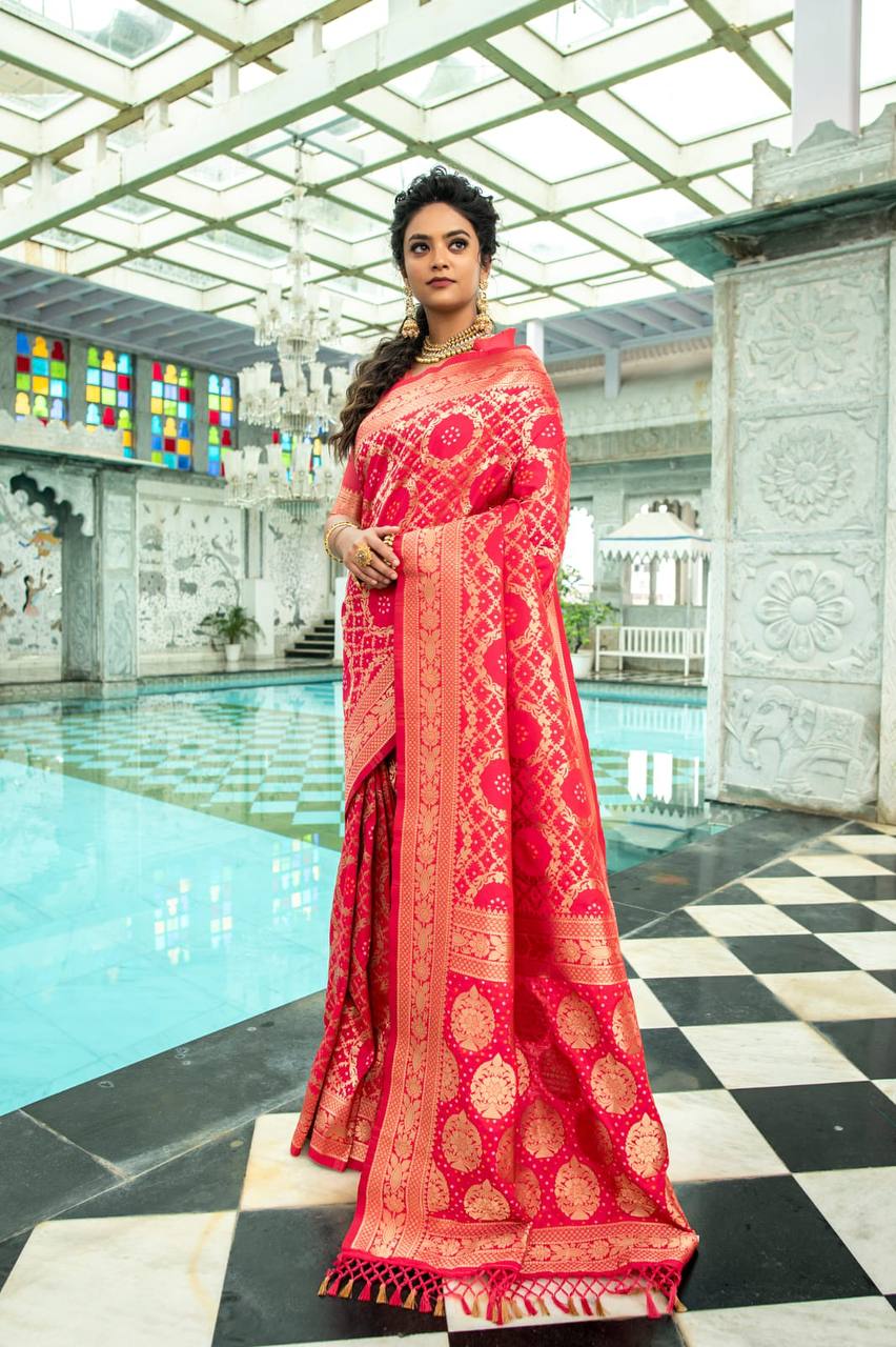 Rani Pure Banarasi Silk Saree With Bandhani Meenakari Woven