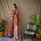 Orange Kalamkari Print Saree With Tassles Attached