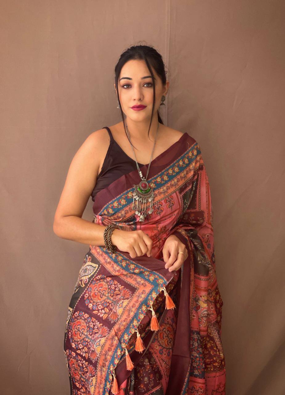 Orange Kalamkari Print Saree With Tassles Attached