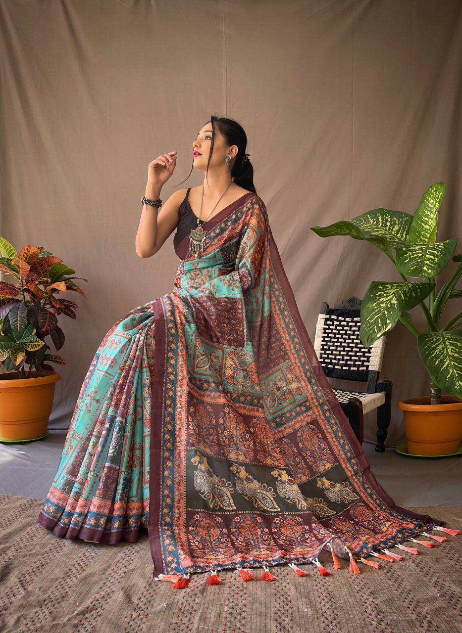 Sky Blue Kalamkari Print Saree With Tassles Attached