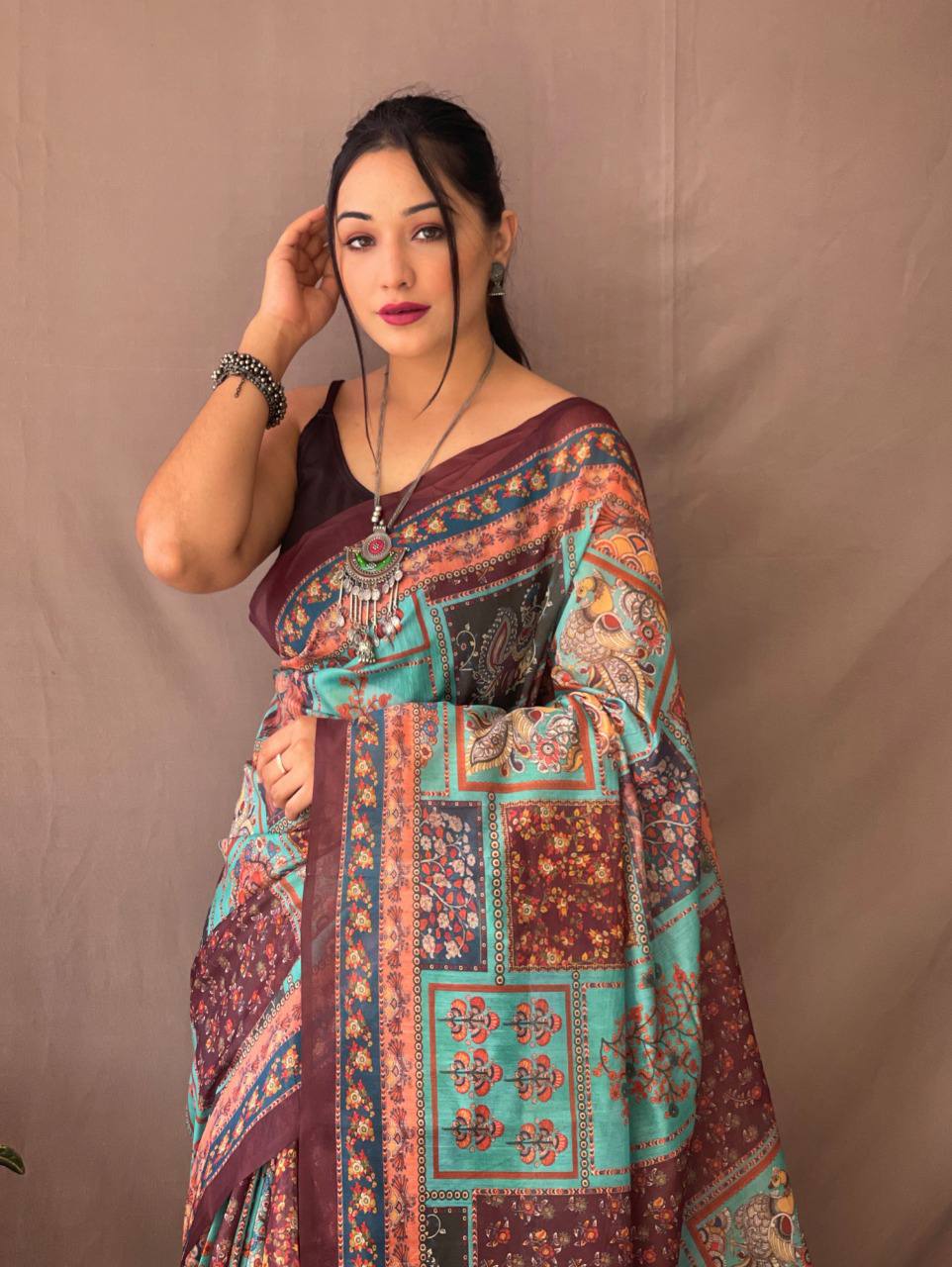 Sky Blue Kalamkari Print Saree With Tassles Attached