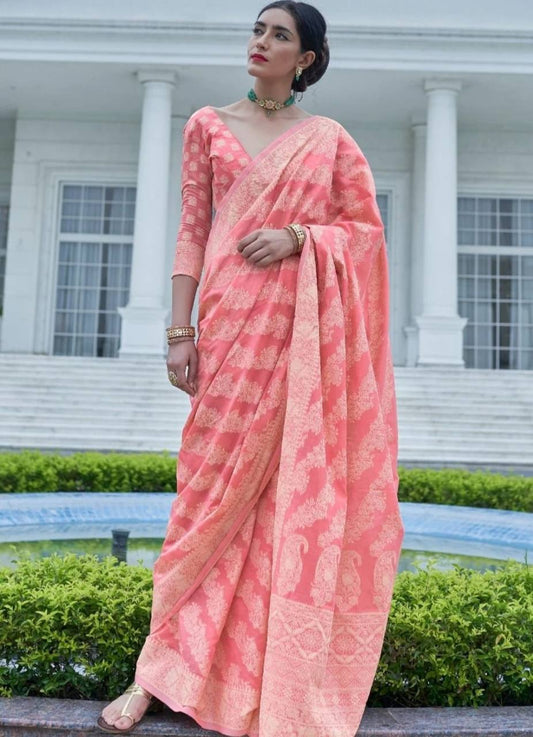 Pink Banarasi Cotton Chikankari Weaving Sarees