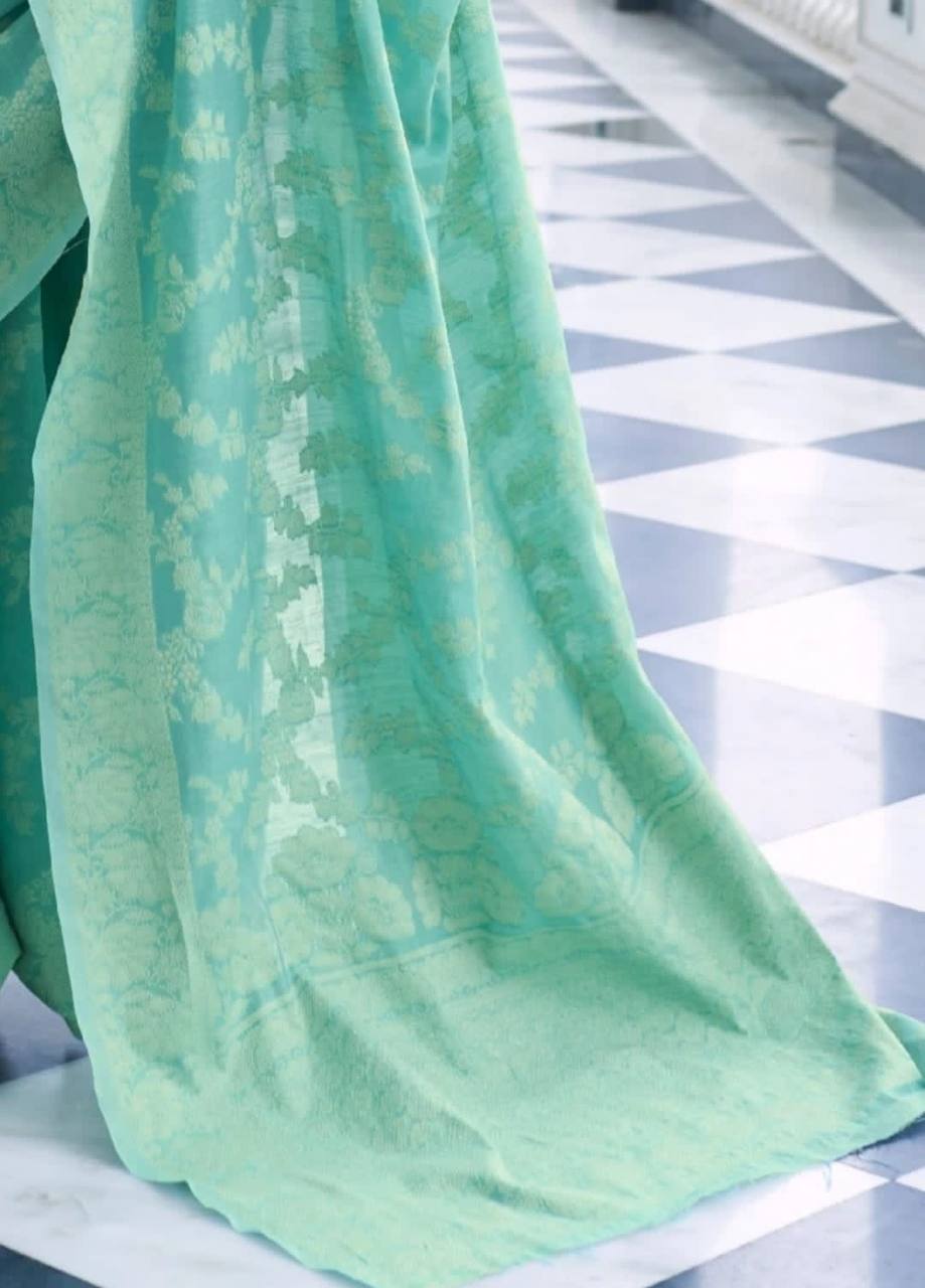 Sky Blue Banarasi Cotton Chikankari Weaving Sarees