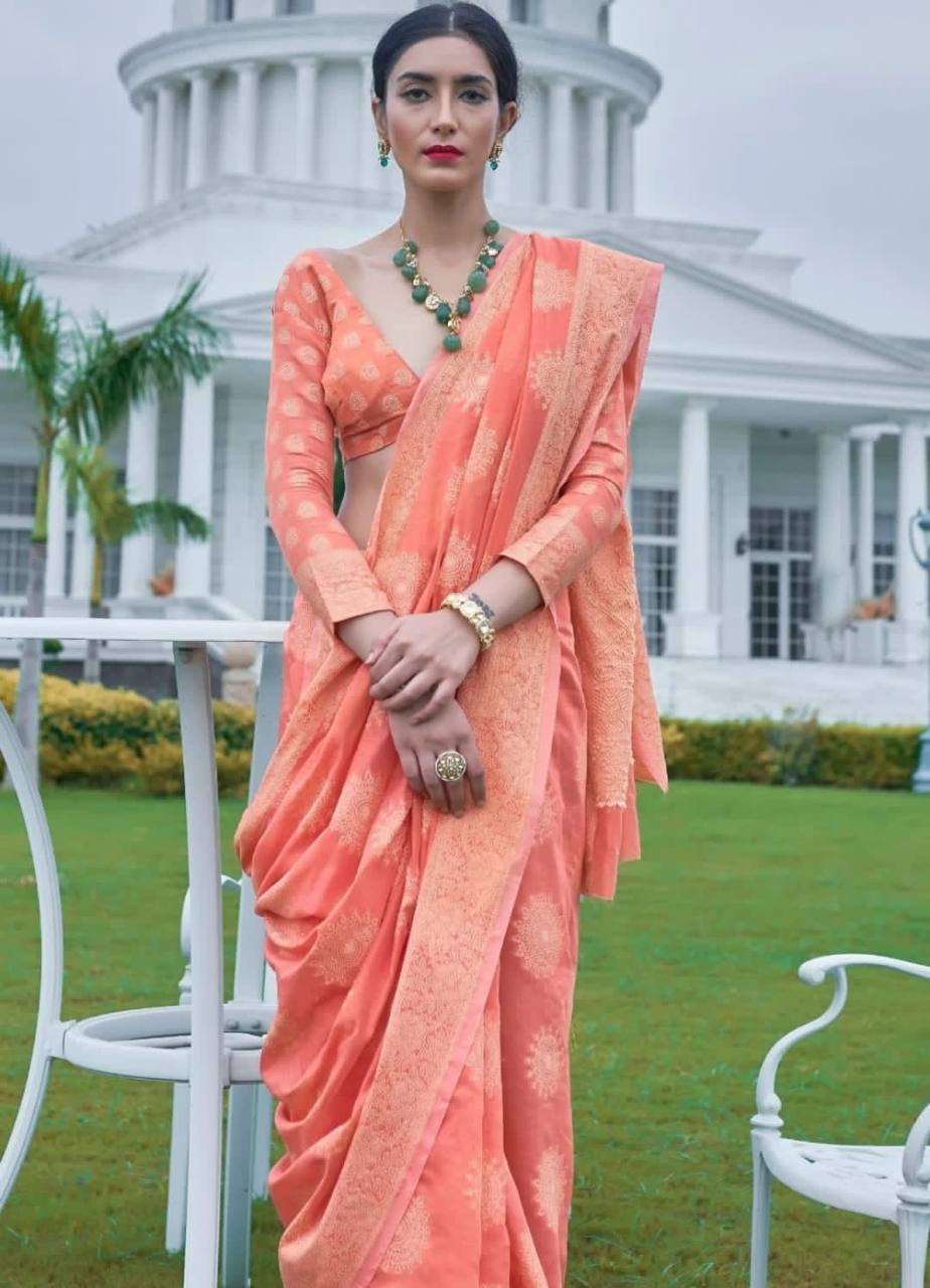 Peach Banarasi Cotton Chikankari Weaving Sarees