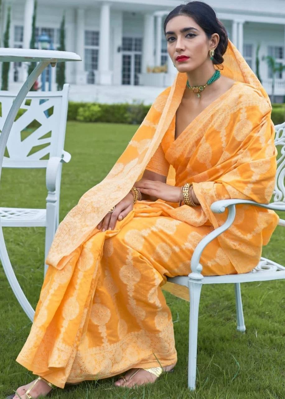 Yellow Banarasi Cotton Chikankari Weaving Sarees