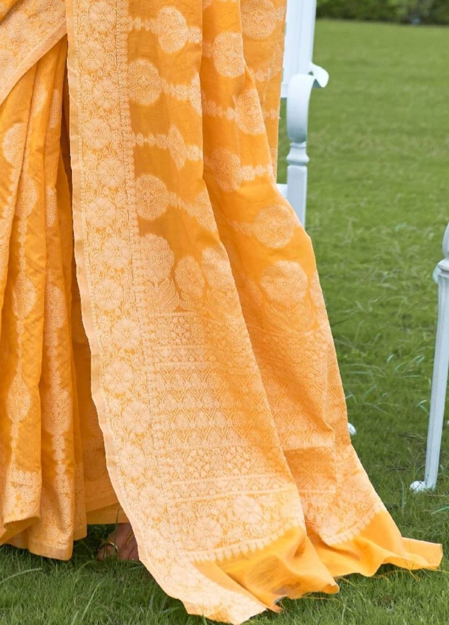 Yellow Banarasi Cotton Chikankari Weaving Sarees