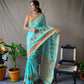 Sky Blue Cotton Slub Sarees With Copper Zari Temple Weaving Border