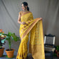 Yellow Cotton Slub Sarees With Copper Zari Temple Weaving Border