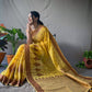 Yellow Cotton Slub Sarees With Copper Zari Temple Weaving Border