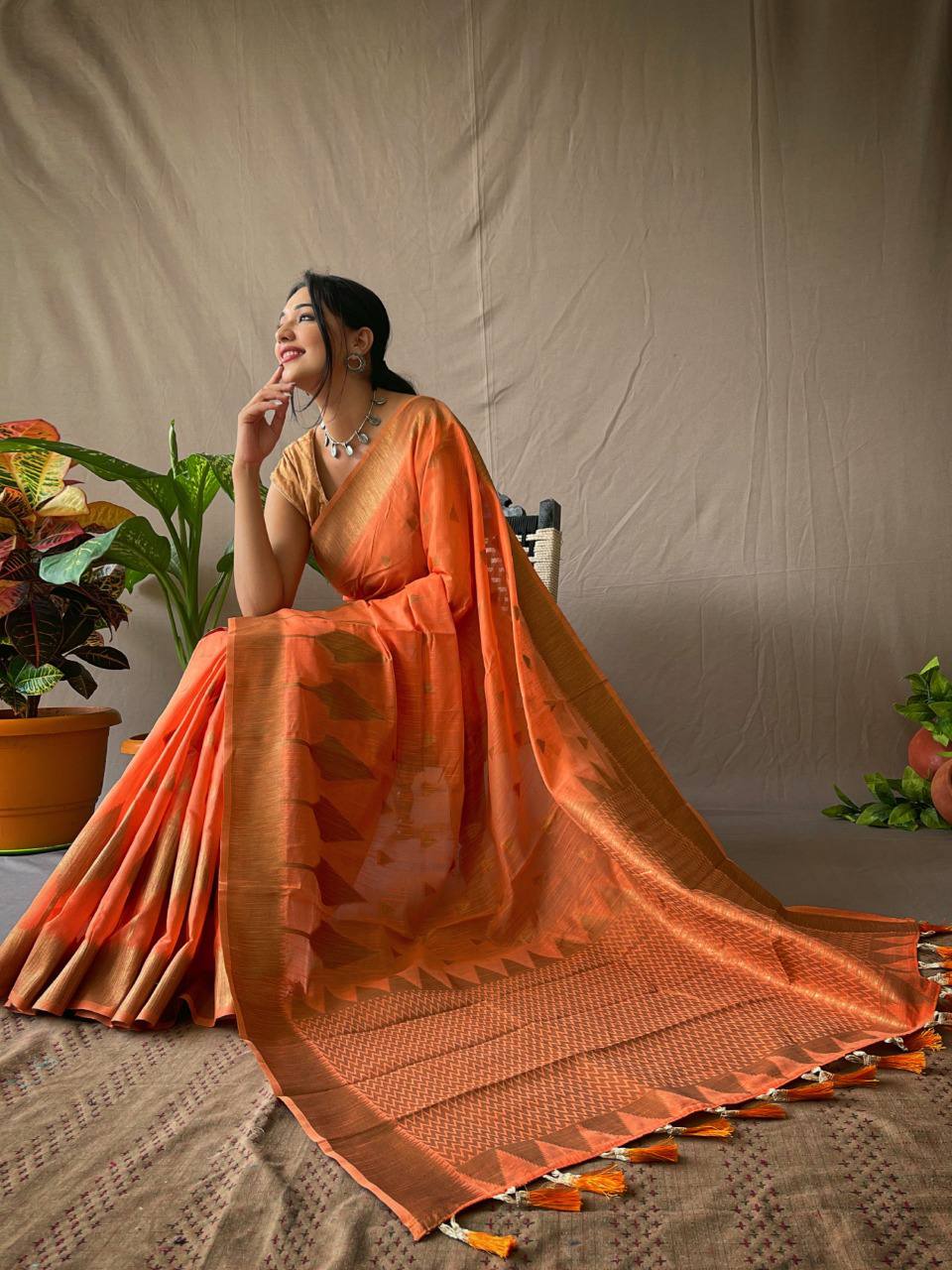 Orange Cotton Slub Sarees With Copper Zari Temple Weaving Border