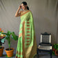 Green Cotton Slub Sarees With Copper Zari Temple Weaving Border