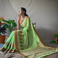 Green Cotton Slub Sarees With Copper Zari Temple Weaving Border