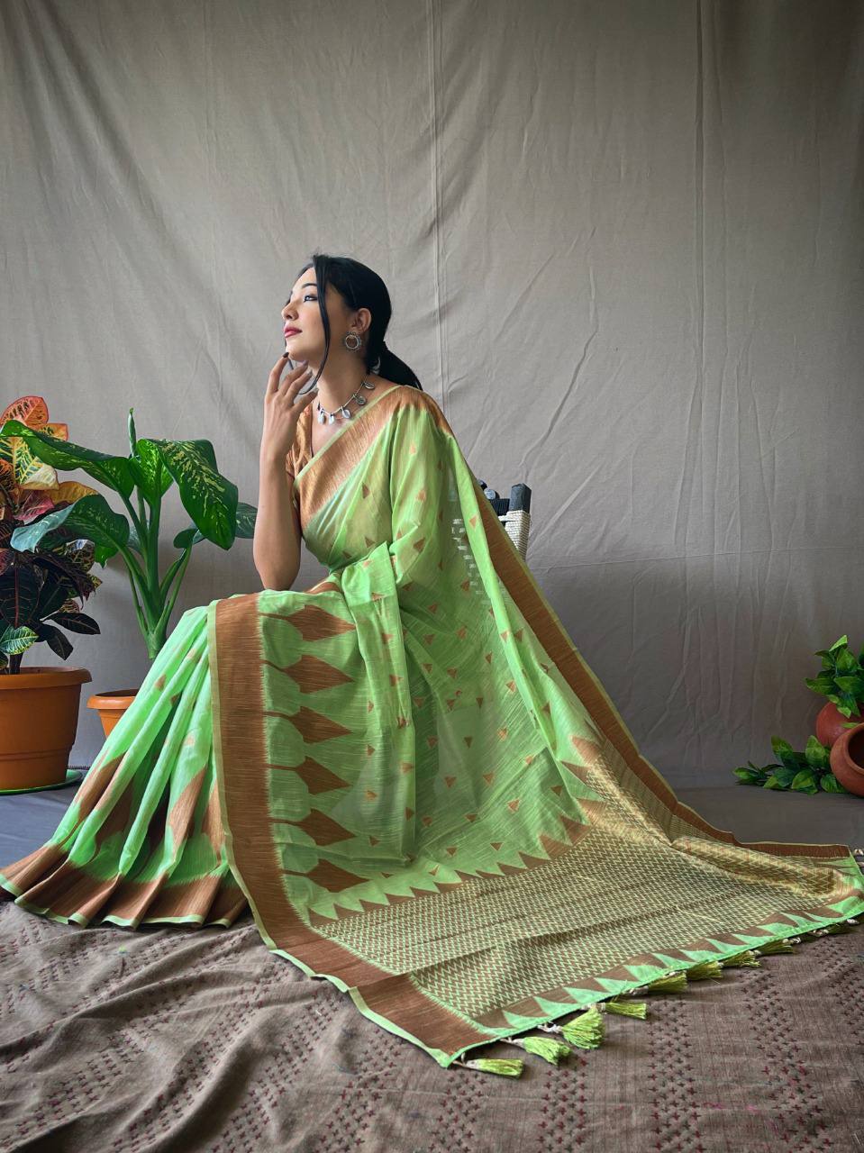 Green Cotton Slub Sarees With Copper Zari Temple Weaving Border