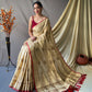 Cream Pure Cotton Linen Saree With Copper And  Gold Zari Mottifs