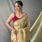 Cream Pure Cotton Linen Saree With Copper And  Gold Zari Mottifs