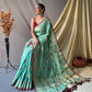 Sky Blue Pure Cotton Linen Saree With Copper And  Gold Zari Mottifs