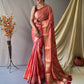 Pink Pure Cotton Linen Saree With Copper And  Gold Zari Mottifs