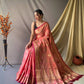 Pink Pure Cotton Linen Saree With Copper And  Gold Zari Mottifs