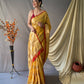 Yellow Pure Cotton Linen Saree With Copper And  Gold Zari Mottifs