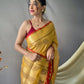 Yellow Pure Cotton Linen Saree With Copper And  Gold Zari Mottifs